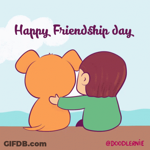 A Cartoon Drawing Of A Boy Hugging A Dog With The Words Happy Friendship Day GIF