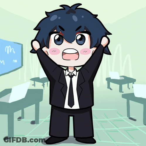 A Cartoon Drawing Of A Boy In A Suit And Tie With His Arms In The Air GIF