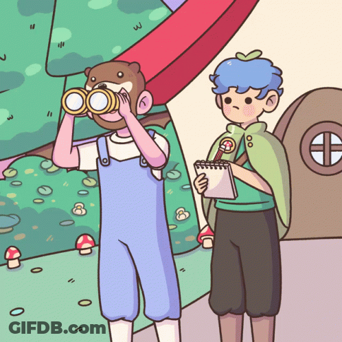 A Cartoon Drawing Of A Boy Looking Through Binoculars And Another Boy Holding A Notebook GIF