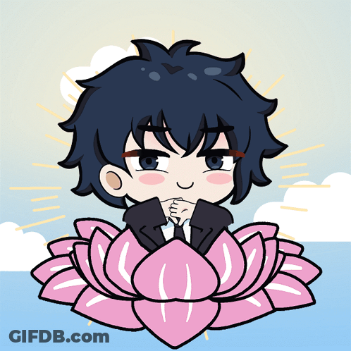 A Cartoon Drawing Of A Boy Sitting On A Pink Flower GIF
