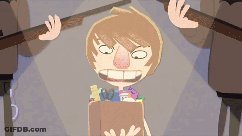 A Cartoon Drawing Of A Boy With A Box Full Of School Supplies On His Head GIF