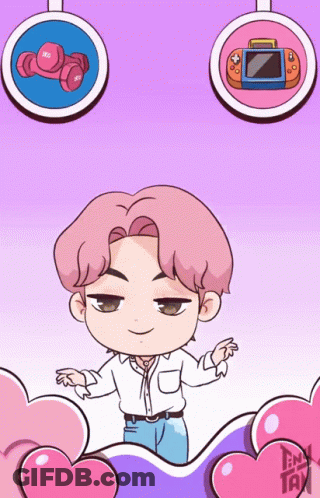 A Cartoon Drawing Of A Boy With A Dumbbell And A Video Game Behind Him GIF