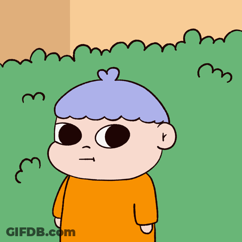 A Cartoon Drawing Of A Boy With Blue Hair And An Orange Shirt Standing In Front Of A Bush GIF