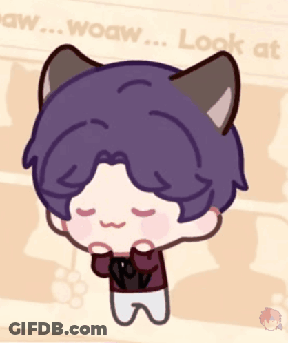 A Cartoon Drawing Of A Boy With Cat Ears And The Words Wow Wow Look At Me GIF