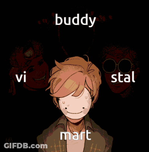 A Cartoon Drawing Of A Boy With The Words Buddy Vi Stal Mart Written On It GIF