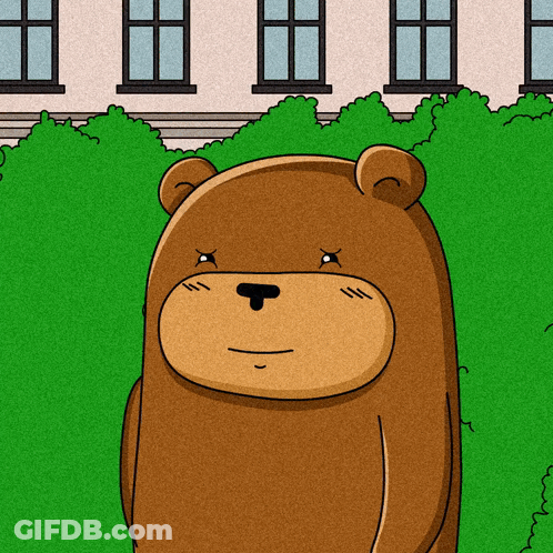 A Cartoon Drawing Of A Brown Bear Standing In Front Of A House GIF