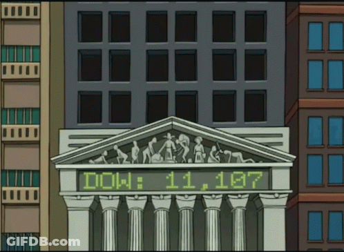 A Cartoon Drawing Of A Building With A Sign That Says Dow 11.167 GIF