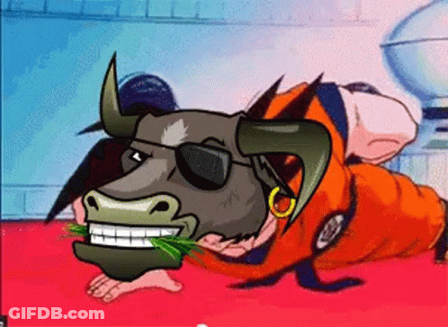 A Cartoon Drawing Of A Bull Wearing Sunglasses And An Orange Shirt GIF