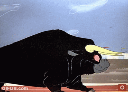 A Cartoon Drawing Of A Bull With A Red Circle In The Corner GIF