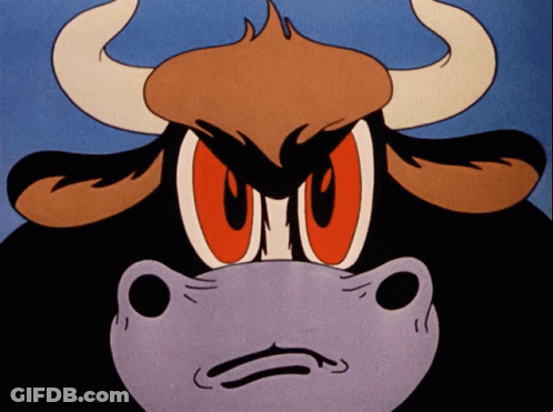 A Cartoon Drawing Of A Bull With Horns And Red Eyes With The Letter O On Its Face GIF