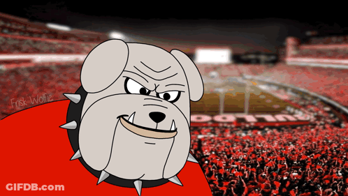 A Cartoon Drawing Of A Bulldog With Spikes On Its Collar And A Stadium In The Background GIF