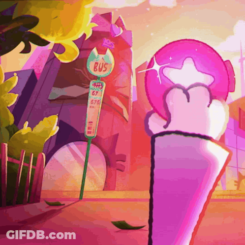 A Cartoon Drawing Of A Bus Stop With The Number 67 On The Sign GIF