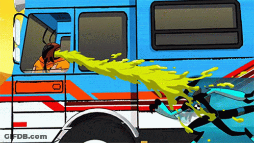 A Cartoon Drawing Of A Bus With Yellow Liquid Coming Out Of It 'S Window GIF
