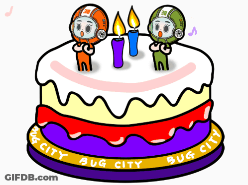 A Cartoon Drawing Of A Cake That Says Bug City On It GIF