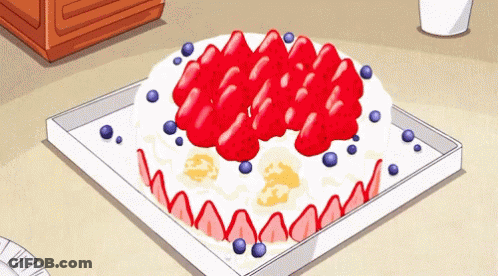 A Cartoon Drawing Of A Cake With Strawberries And Blueberries GIF