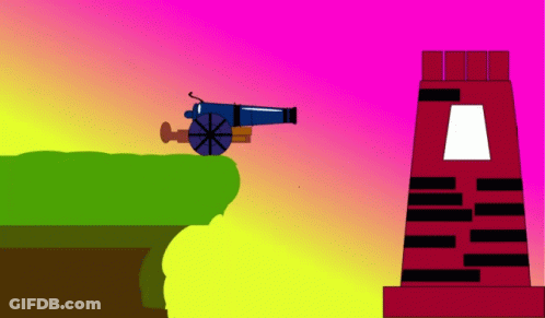 A Cartoon Drawing Of A Cannon On A Hill With A Brick Tower In The Background GIF