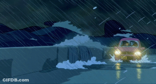 A Cartoon Drawing Of A Car Driving Through The Rain GIF