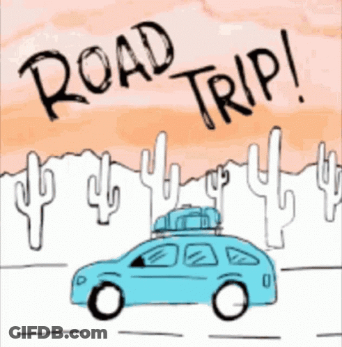 A Cartoon Drawing Of A Car With Luggage On The Roof And The Words Road Trip Written Above It GIF