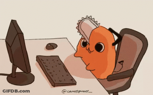 A Cartoon Drawing Of A Carrot Holding A Chainsaw Next To A Keyboard GIF