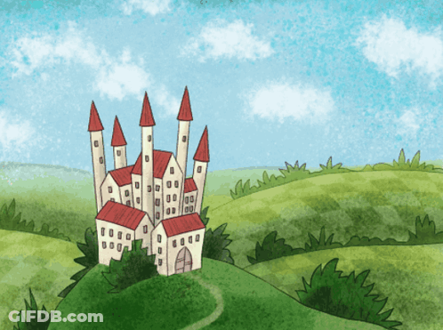 A Cartoon Drawing Of A Castle In The Middle Of A Green Field GIF