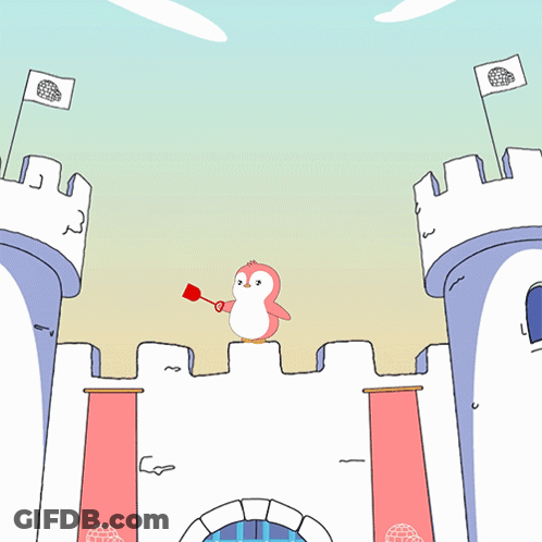 A Cartoon Drawing Of A Castle With A Penguin Holding A Sword GIF