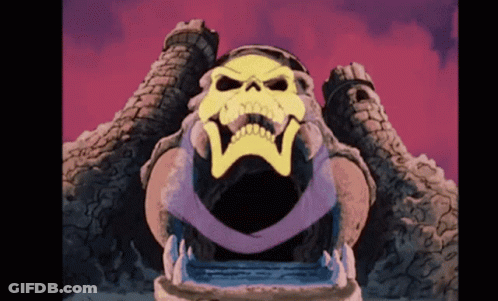 A Cartoon Drawing Of A Castle With A Skull On Top Of It GIF