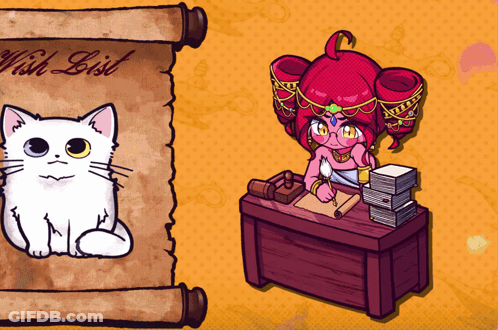 A Cartoon Drawing Of A Cat And A Girl With A Wish List Written On A Scroll GIF