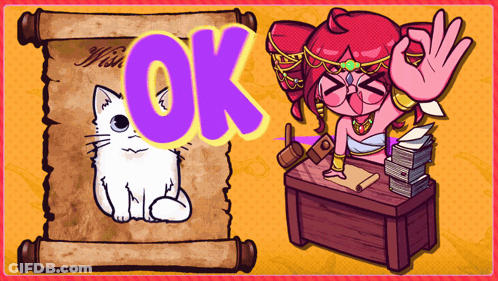 A Cartoon Drawing Of A Cat And A Girl With The Word Ok On The Bottom GIF