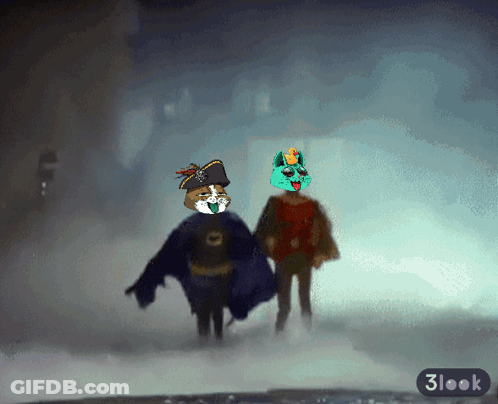 A Cartoon Drawing Of A Cat And A Green Monster With A 3 Look Button GIF