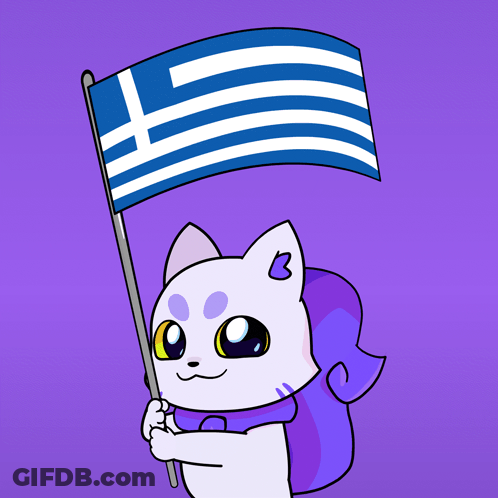 A Cartoon Drawing Of A Cat Holding A Blue And White Flag GIF