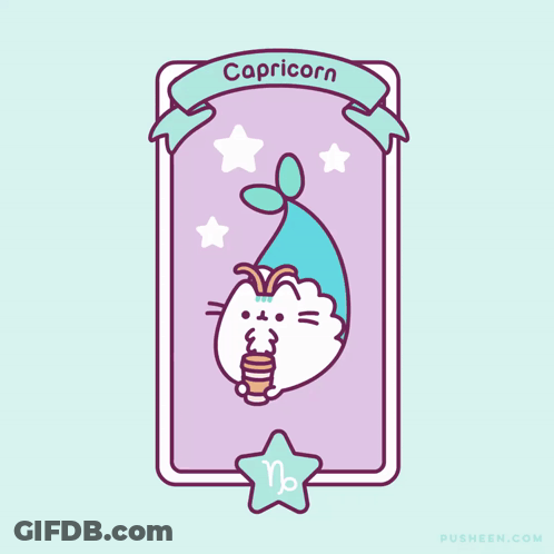 A Cartoon Drawing Of A Cat Holding A Cup With The Word Capricorn On It GIF
