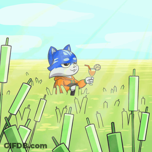 A Cartoon Drawing Of A Cat Holding A Drink In A Field Of Green Candles GIF
