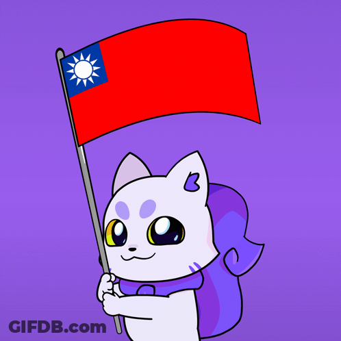 A Cartoon Drawing Of A Cat Holding A Flag With A Sun On It GIF