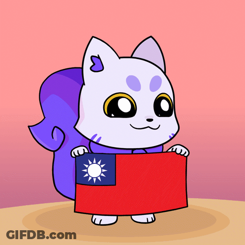 A Cartoon Drawing Of A Cat Holding A Red And Blue Flag GIF