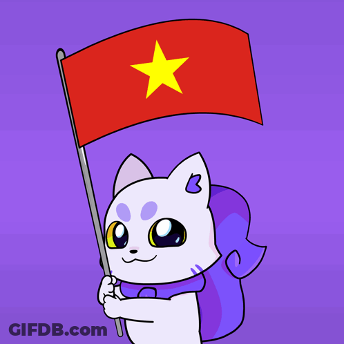 A Cartoon Drawing Of A Cat Holding A Red Flag With A Yellow Star On It GIF