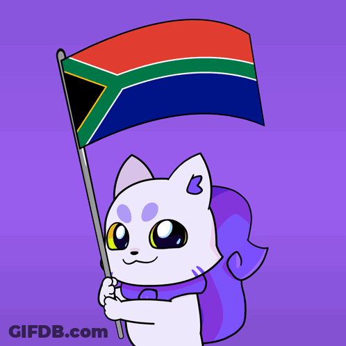 A Cartoon Drawing Of A Cat Holding A South Africa Flag GIF