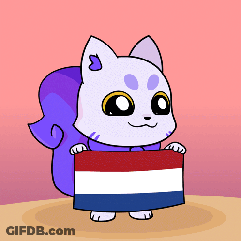 A Cartoon Drawing Of A Cat Holding A Striped Flag GIF
