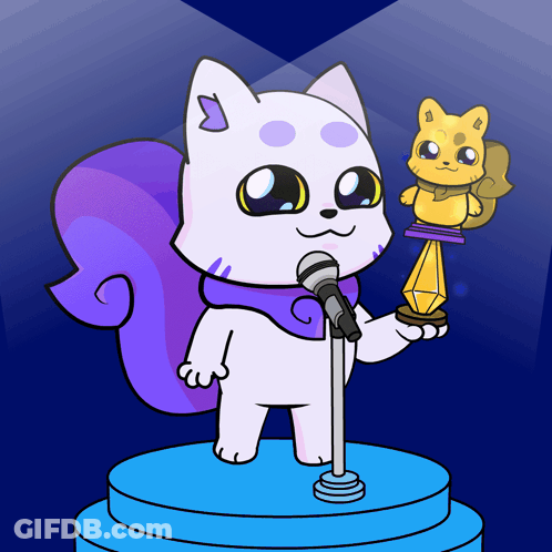 A Cartoon Drawing Of A Cat Holding A Trophy GIF