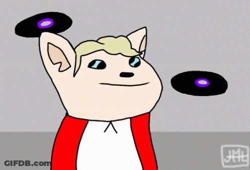 A Cartoon Drawing Of A Cat Holding Two Black Records GIF