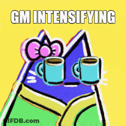 A Cartoon Drawing Of A Cat Holding Two Cups Of Coffee With The Words Gm Intensifying Above It GIF