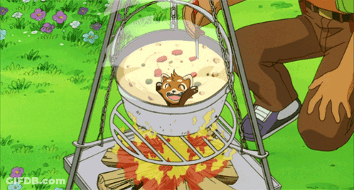 A Cartoon Drawing Of A Cat In A Pot On A Fire GIF