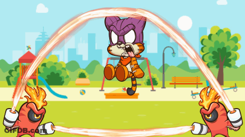 A Cartoon Drawing Of A Cat Jumping In The Air With A Purple Mask On GIF