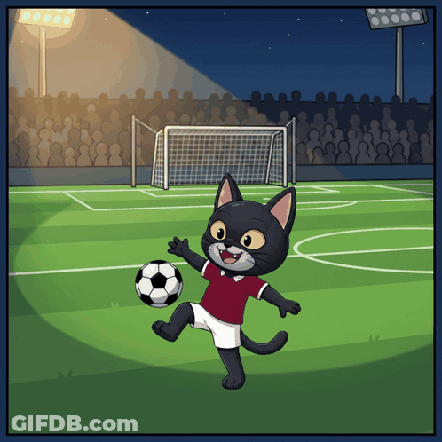 A Cartoon Drawing Of A Cat Kicking A Soccer Ball GIF