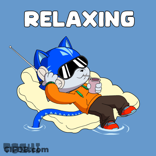 A Cartoon Drawing Of A Cat Laying On A Pillow With The Word Relaxing Above Him GIF