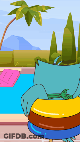 A Cartoon Drawing Of A Cat Laying On A Raft In A Pool GIF