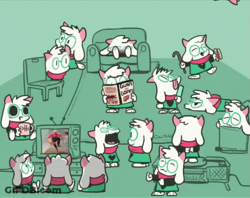 A Cartoon Drawing Of A Cat Reading A Guns And Goats Magazine GIF
