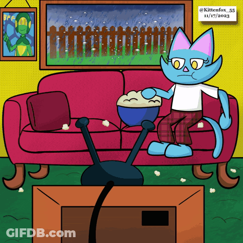 A Cartoon Drawing Of A Cat Sitting On A Couch With A Bowl Of Popcorn GIF