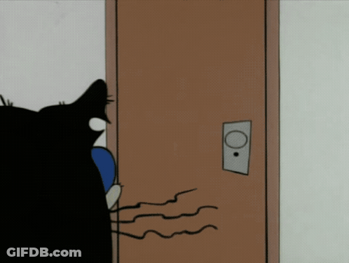 A Cartoon Drawing Of A Cat Standing In Front Of A Brown Door GIF