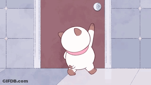 A Cartoon Drawing Of A Cat Standing In Front Of A Door With The Letter T On It GIF
