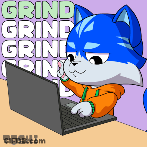 A Cartoon Drawing Of A Cat Using A Laptop With The Words Grind Grind Grind Written On The Background GIF